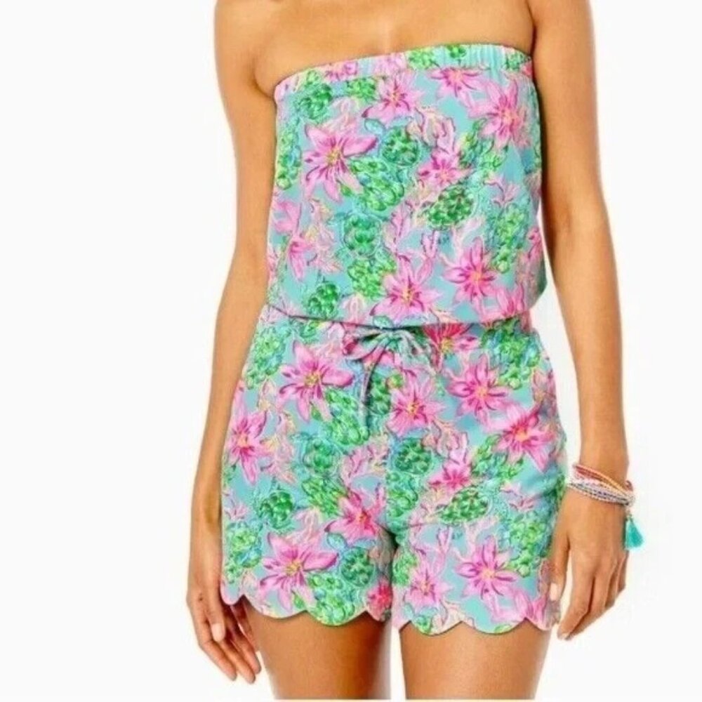 Lily Pulitzer Jace Floral Strapless Cotton Romper Surf Blue Size Small